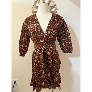 Madison Matthews Brown Autumn Leaves Wrap Mini Dress Ruffled S